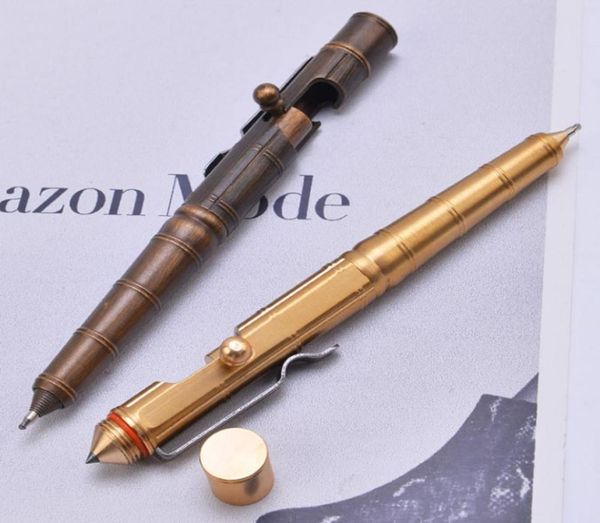 

handmade retro brass packet action bolt type tactical pen bamboo signature pen broken windows outdoor self defense gear edc8499003