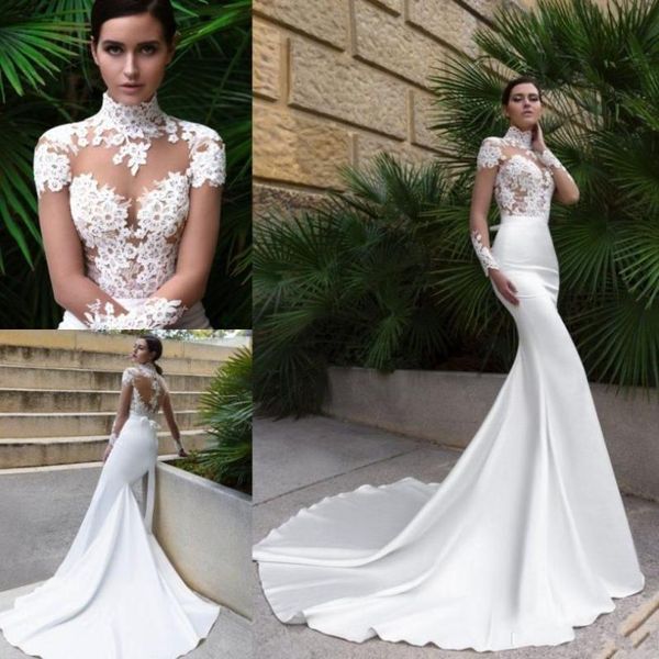 

high neck crystal design mermaid wedding dresses see through back long sleeve fitted bridal gowns with sweep train mm442096129, White