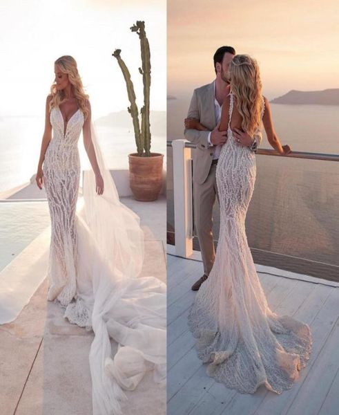 

2019 modern mermaid wedding dresses deep v neck appliqued lace sweep train beach bridal dress backless custom made boho vestidos d1714367, White