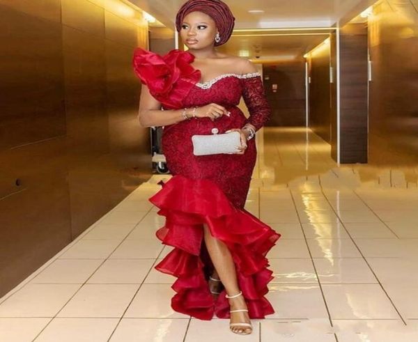 

aso ebi mermaid evening dresses nigerian styles lace appliques high low train formal plus size prom dress african one shoulder par2836862, Black;red