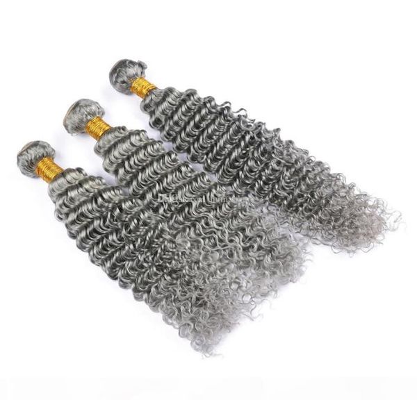 

new arrive grey hair bundles 3pcs brazilian virgin human hair weaves deep wave curly wavy grey hair extension sliver gray bundles1736579, Black