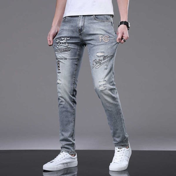 

men's jeans designer high end men's jeans, spring and summer new products, slim fitting elastic small feet, version, trendy embroi, Blue