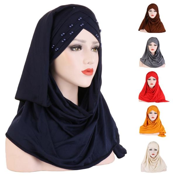 

women plain turban bead amira hijab scarf head wrap pull on instant shawl muslim hijabs ready to wear headscarf islamic cap hat5853350