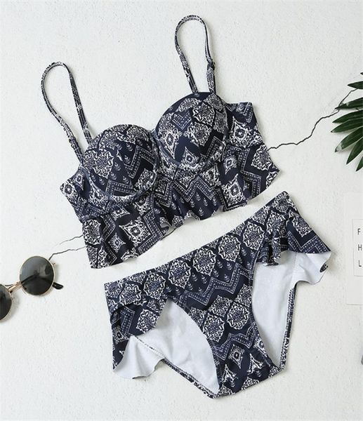 

longline ruffle bikini set 2021 biquini bathers swimwear women print swimsuit bandage bathing swimming suit bikinis b1013394