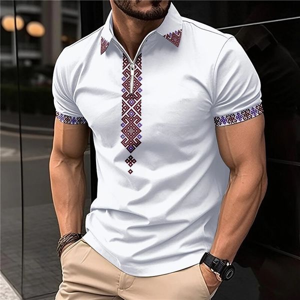 

men s polos lapel zipper graphic print polo shirt summer casual slim trend short sleeve t shirt fashion daily match 230629, White;black