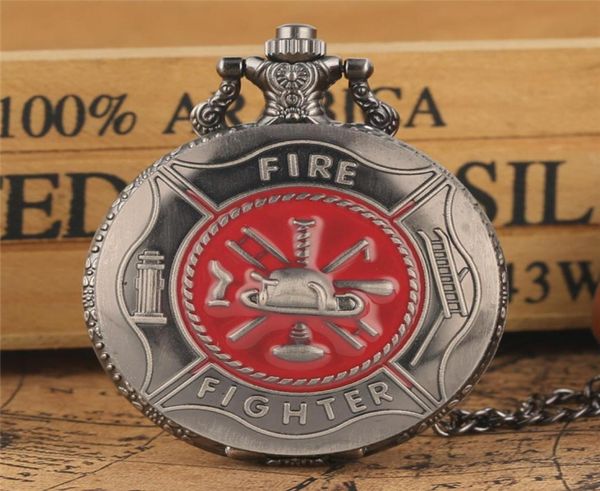 

gray red fire fighter symbol carving pocket watch steampunk firefighter cover quartz watches fireman pendant necklace chain4498069, Slivery;golden