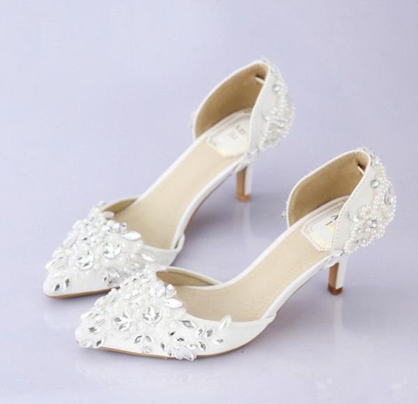 

pointed toe wedding shoe comfortable middle heel bridal wedding party shoes handmade crystal pregnant shoes white satin6412731, Black