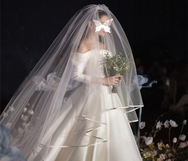 

bridal veils real po 15m35m soft whiteivory two layer wedding veil ribbon edge mantilla of bride veu de noiva ts0062424115, Black