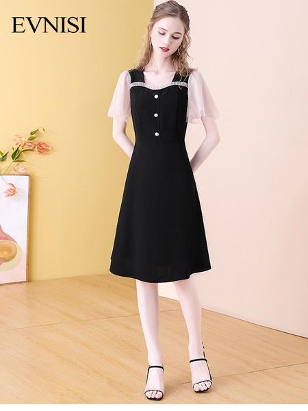 

dresses evnisi black chiffon elegant dresses women summer 2022 new fashion mesh patchwork dress vintage button aline vestidos, Black;gray