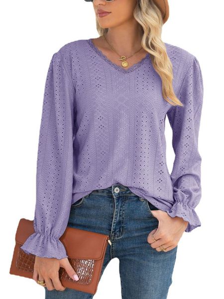 

women long sleeve solid hollow v neck lace, White
