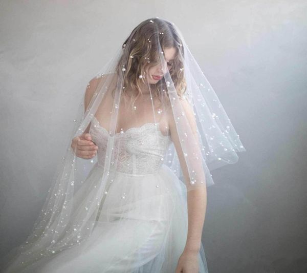 

twigs bridal veils with cut edge fingertip length pearls two layers tulle elegant selling wedding veils v0319040056, Black