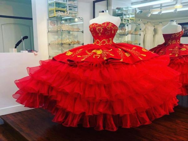 

2022 puffy gold embroidered quinceanera dresses charro ball gown for women tiered organza satin beaded sweet 15 girls prom formal 9565590, Blue;red
