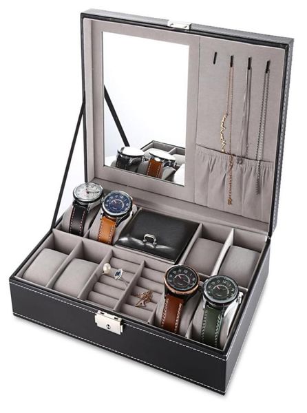 

8 grid slots watch display pu leather box multifunctional jewelry case storage organizer watches boxes square box7199123, Black;blue