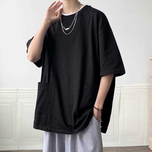 

short stussyssround neck sleeved t-shirt for men's summer 2023 new american retro trend versatile solid color loose casual bottom shirt, White;black