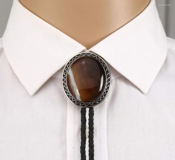 

bow ties design brown agateoxny bolo tie for man cowboy western cowgirl leather rope zinc alloy necktie oval shape wave side2074462, Black;gray