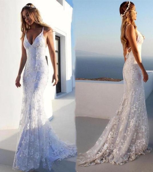 

2021 backless mermaid wedding dresses spaghetti straps sweep train embroidery lace applique v neck wedding gown vestido de no6882720, White