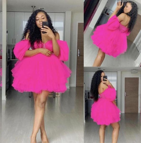 

fuchsia off shoulder mini homecoming dresses short sleeves short cocktail party dresses robe de soiree puffy tulle prom dresses ve3029991, Blue;pink