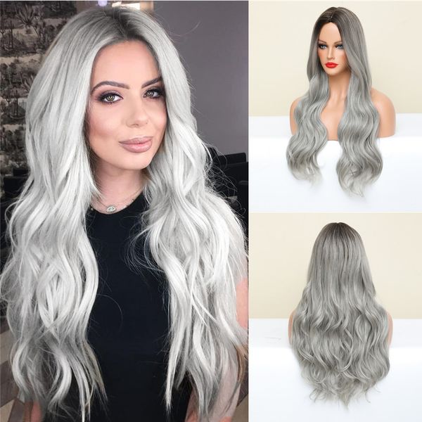 

synthetic s long wavy silver gray ash with highlights middle part hair for women cosplay party heat resistant 230629, Black