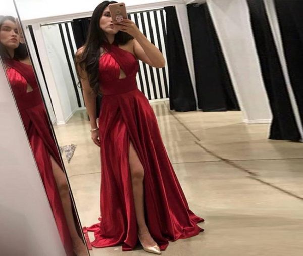 

halter red satin evening dresses pleated high split floor length backless prom dresses simple party gowns6890181, Black;red