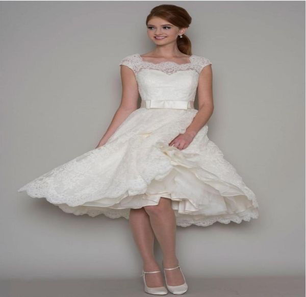 

knee length vintage lace short wedding dresses sleeveless sheer neck buttons back 50s informal aline bridal gowns custom made dis7535728, White