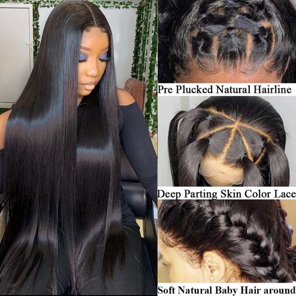 

glueless wigs human hair pre plucked bone straight lace front wigs 13*4 lace pre cut wig, Black;brown