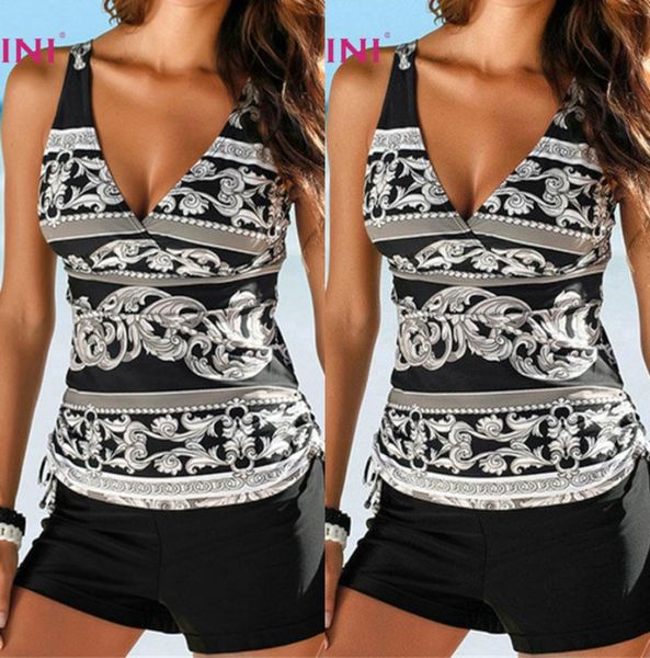

size parakini two piece swimwear women tankini plus swimsuits with shorts v neck tankinis set swim wear black print bathing suit8377794