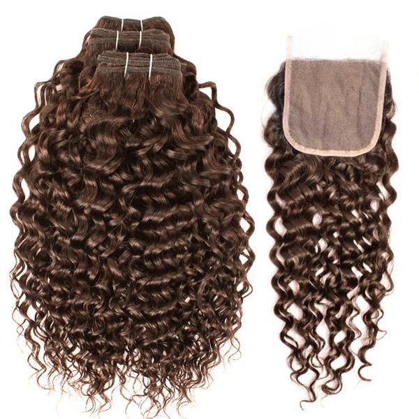 

chocolate brown water curly human hair bundles with closure 4 brazilian virgin hair 34 bundles with 4x4 lace closure remy hair e1358063, Black;brown