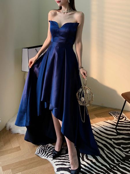 

navy blue satin prom dresses hi lo party dress sweetheart zipper back, Black