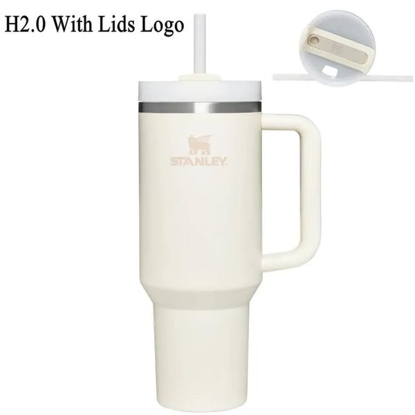

cream stanley quencher h2.0 40oz stainless steel tumblers cups with silicone handle lid and straw big capacity car mugs vacuum insulated wat