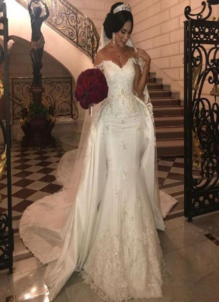 

elegant beaded lace wedding dresses with detachable train off shoulder mermaid bridal gowns applique ivory satin wedding dress6972106, White