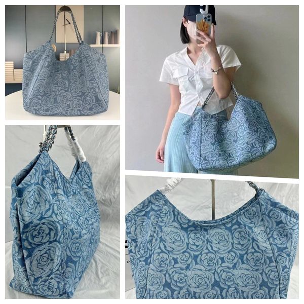 

embroidery camellia denim tote bag jumbo capacity luxury women classic vintage chains quilted print handheld fashion blue shoulder bag