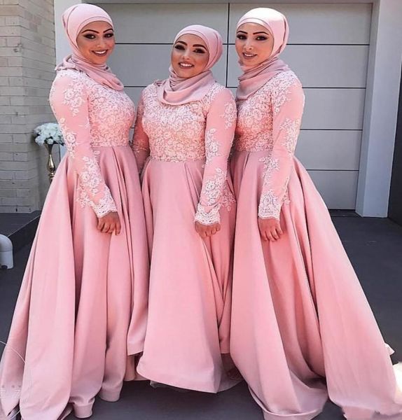 

2020 pink a line bridesmaid dresses saudi arabia floor length lace muslim maid of honor gowns for wedding evening gown8690443, White;pink