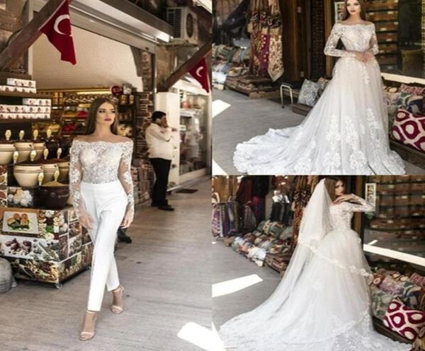 

2020 chic wedding jumpsuit with detachable overskirts a line sweep train beach bridal dress lace appliqued long robes de mari7990655, White