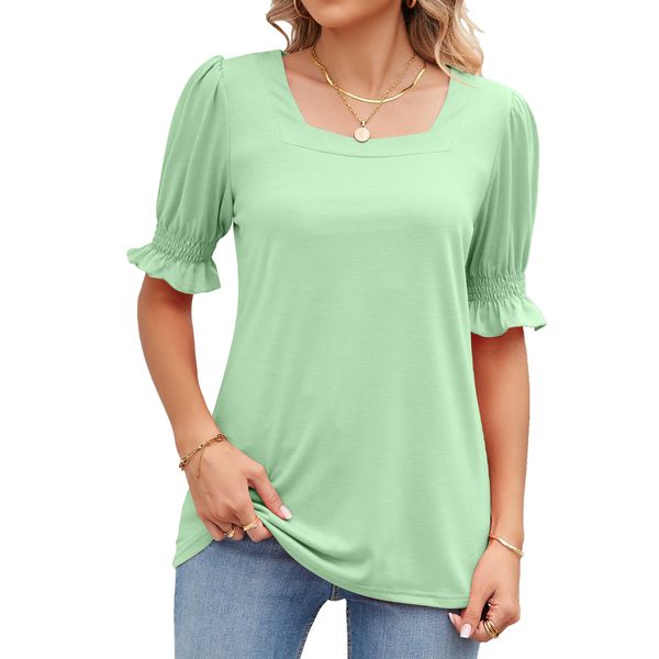 

women short sleeve square neck cotton t shirt for summer, White