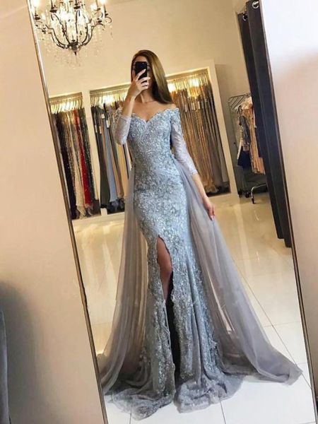 

off shoulder mermaid evening dresses 34 long sleeves lace tulle dark red evening gowns split silver gray prom dresses sweep 5795238, Black;red