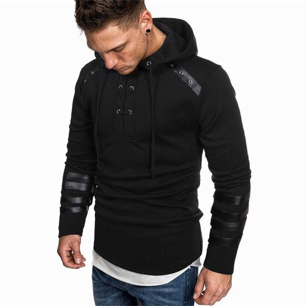 

2022 european men's hoodie winter casual patchwork sweater fashion personality plush coat trend, Black