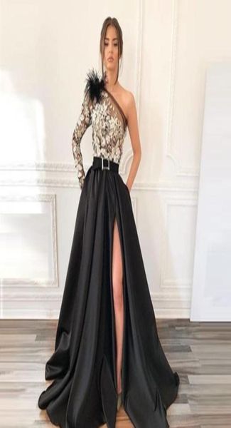 

2022 aline floor length dress split one shoulder long sleeve applqiues evening wear in stock s highend occasion wear4334251, Black