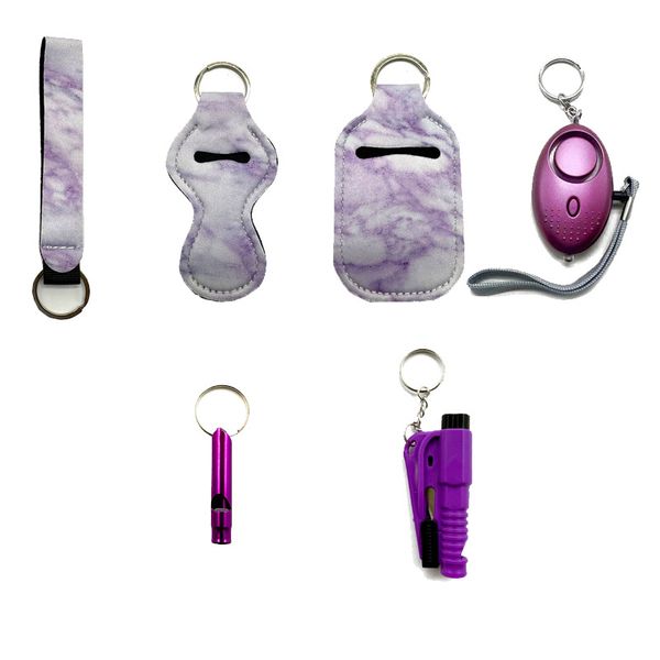 

purple new self-defending keychain six-piece strap wrist strap liquid bottle sleeve lipstick sleeve whistle window breaker security keychain, Silver