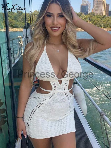 

party dresses hugcitar crochet halter solid sleeveless backless hollow out lace up maxi prom dress 2023 summer clothes festival casual x0629, White;black