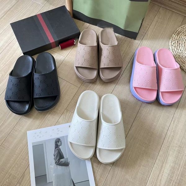 

designer foam rubber g double sandal women men thick bottom slippers logo slide paltform hollow out wedges interlocking g cut beach pool sli, Black