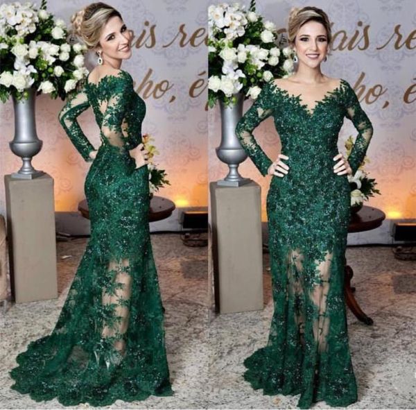 

elegant dark green emerald lace appliques long sleeves prom dress sheer mermaid prom lady event party wear evening maxi gown custo2783350, Black