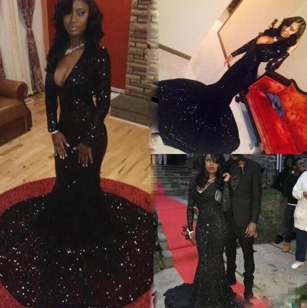 

2k17 long sleeves sequins prom dresses bling bling plunging neckline court train evening gowns women formal mermaid par2583056, Black