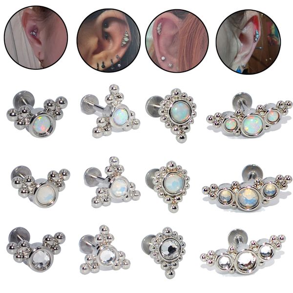 

navel bell button rings 12pcs g23 steel bar opal cluster ear tragus helix cartilage snow gem earring stud labret ring piercing jewelry16g 23, Silver