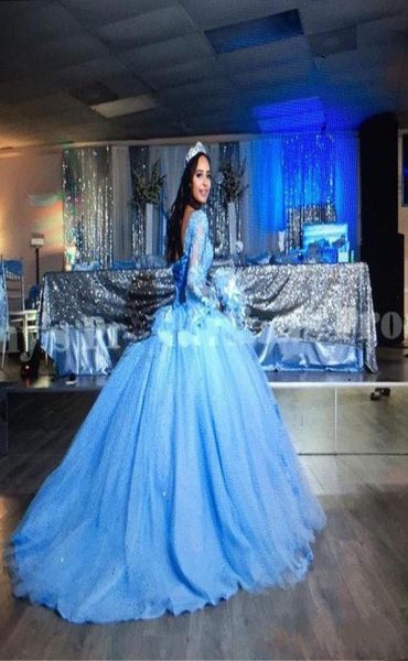 

princess ball gown quinceanera dresses flare long sleeve lace appliques pink blue sweet 16 dress puffy tulle prom gowns8824751, Blue;red