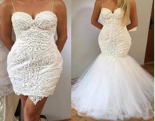 

delicate white lace spaghetti straps wedding dress 2019 new mermaid appliques with detachable train bridal gowns wedding reception5619016