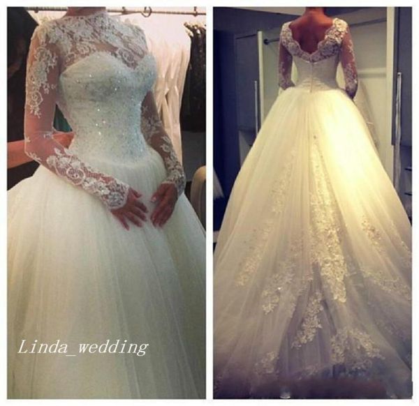 

high neck wedding dresses elegant princess ball gown puffy tulle long sleeve open back beaded formal bridal party gowns vestidos d4135083, White