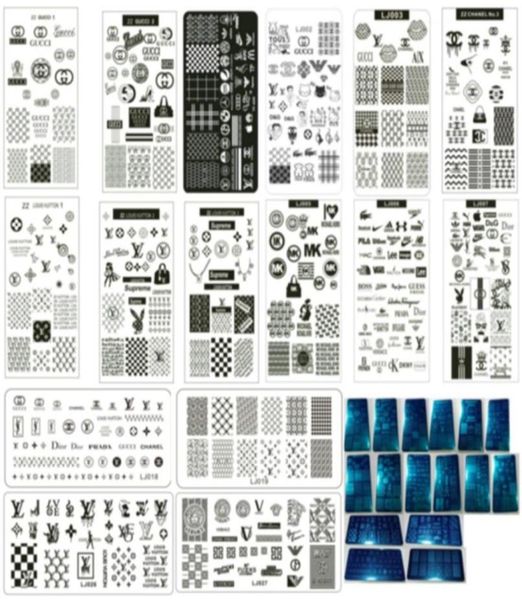 

16pcs mixed luxury brand logo designs nail art stamping plate stamp xl big full french design image stencil transfer pol6348987, White