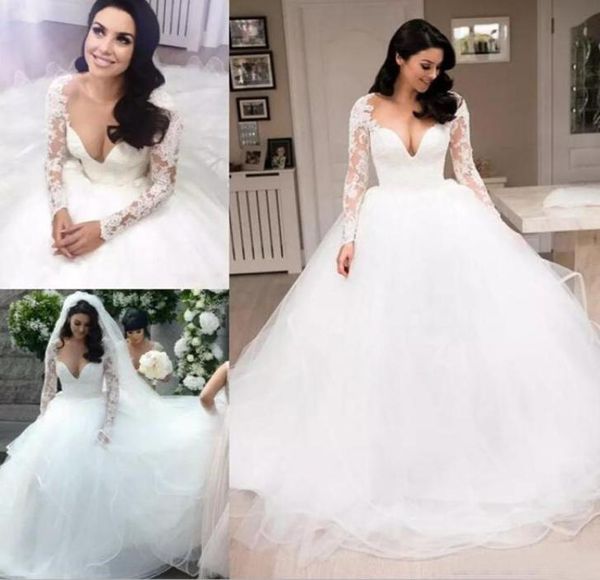 

elegant 2017 lace long sleeve ball gown wedding dresses tulle sheer v neck tiered long bridal gowns custom made china en111055917647, White