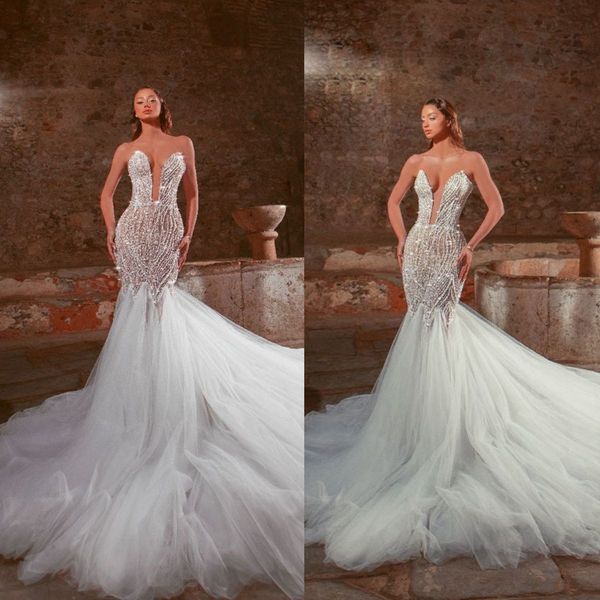 

strapless mermaid wedding dresses vintage v neck sleeveless bridal gowns custom made beading party dress vestido de novia, White