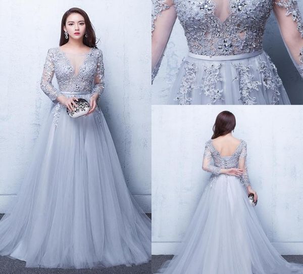 

2017 illusion a line lace applique evening dresses lace formal elie saab beads crew neck long sleeves prom dresses gow5346591, Black;red